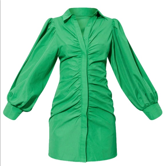 Pretty Little Thing Bright Green Puff Sleeve Ruching Collar Shirt Dress - Picture 2 of 2